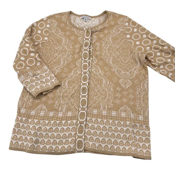 Isaac Mizrahi Live! Women's XL Beige & White Patterned Button Front Cardigan - Picture 1 of 5